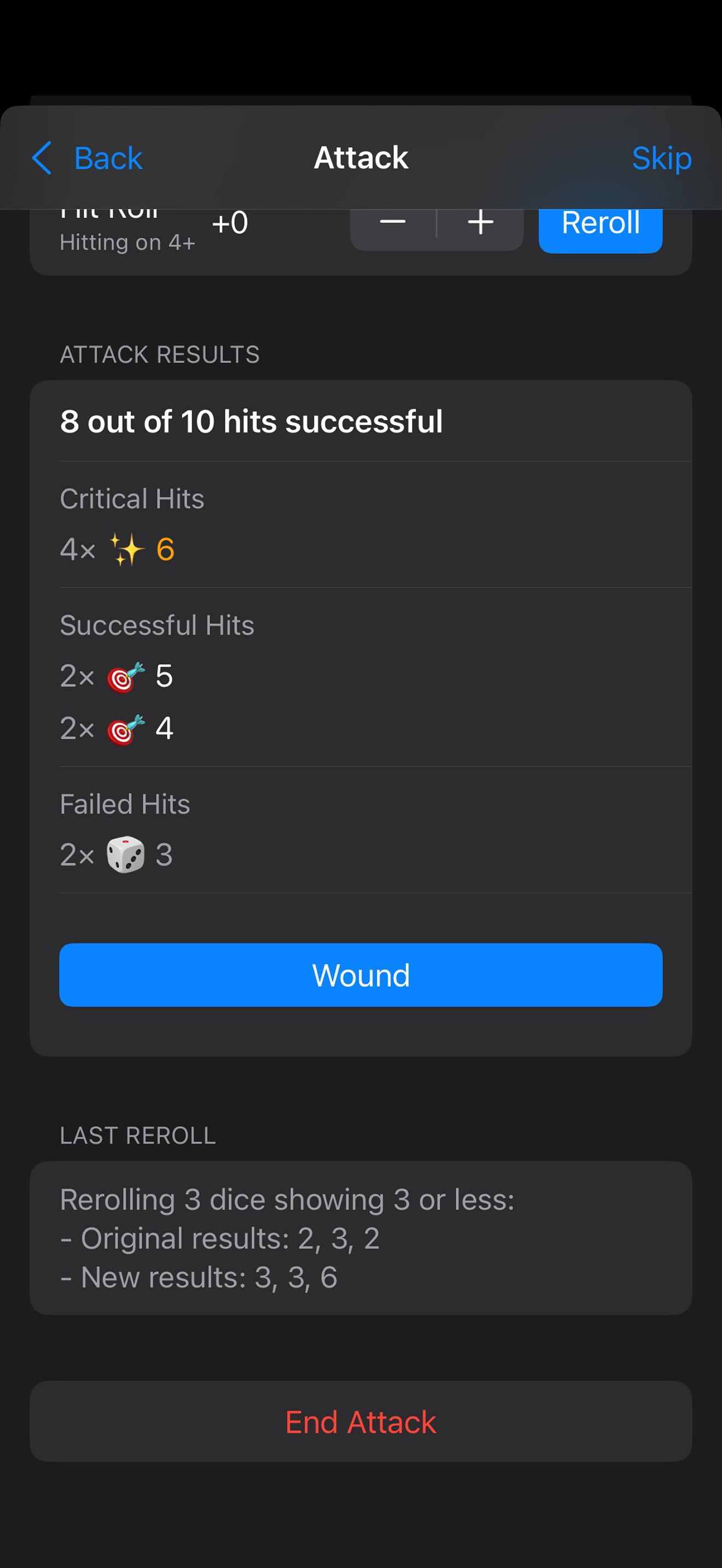 Attack reroll results screen