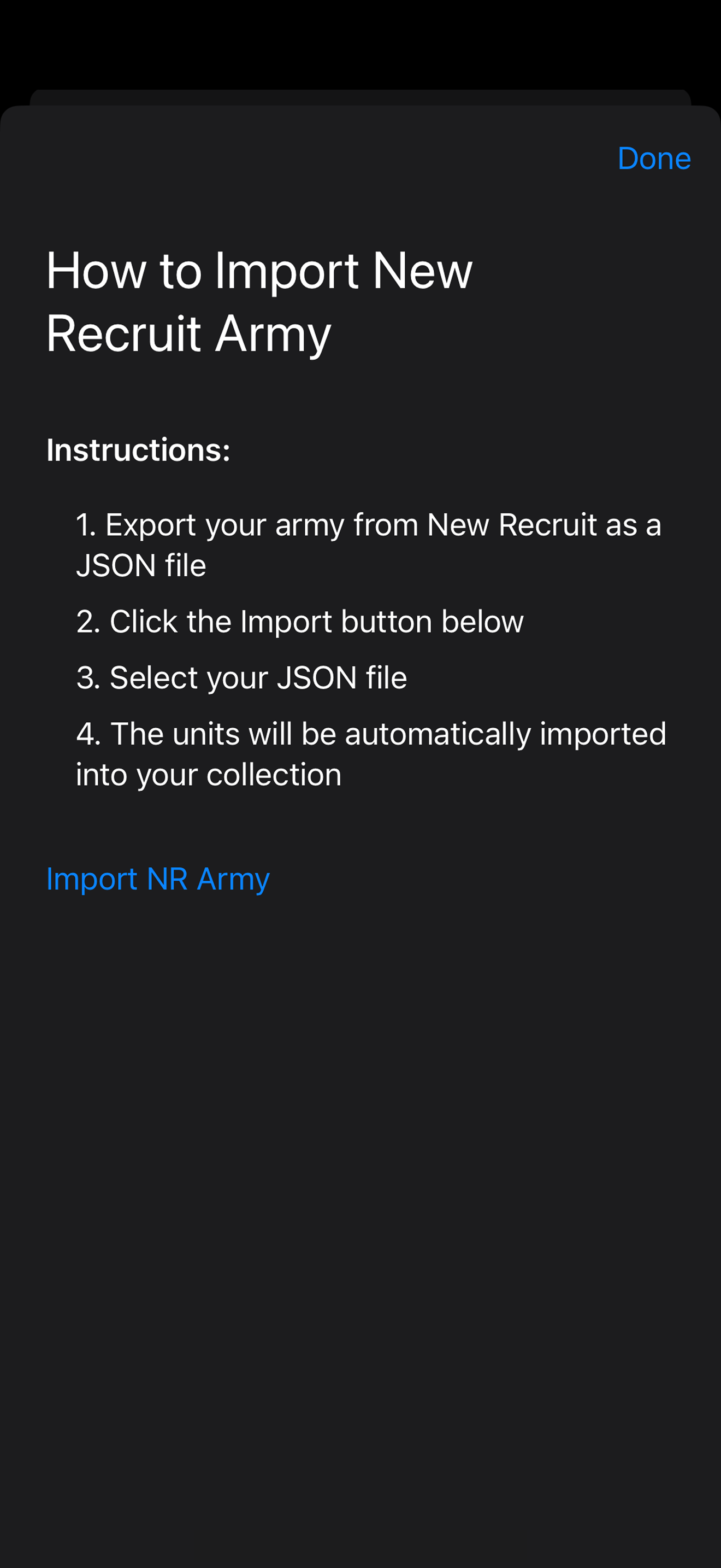 New Recruit army import screen